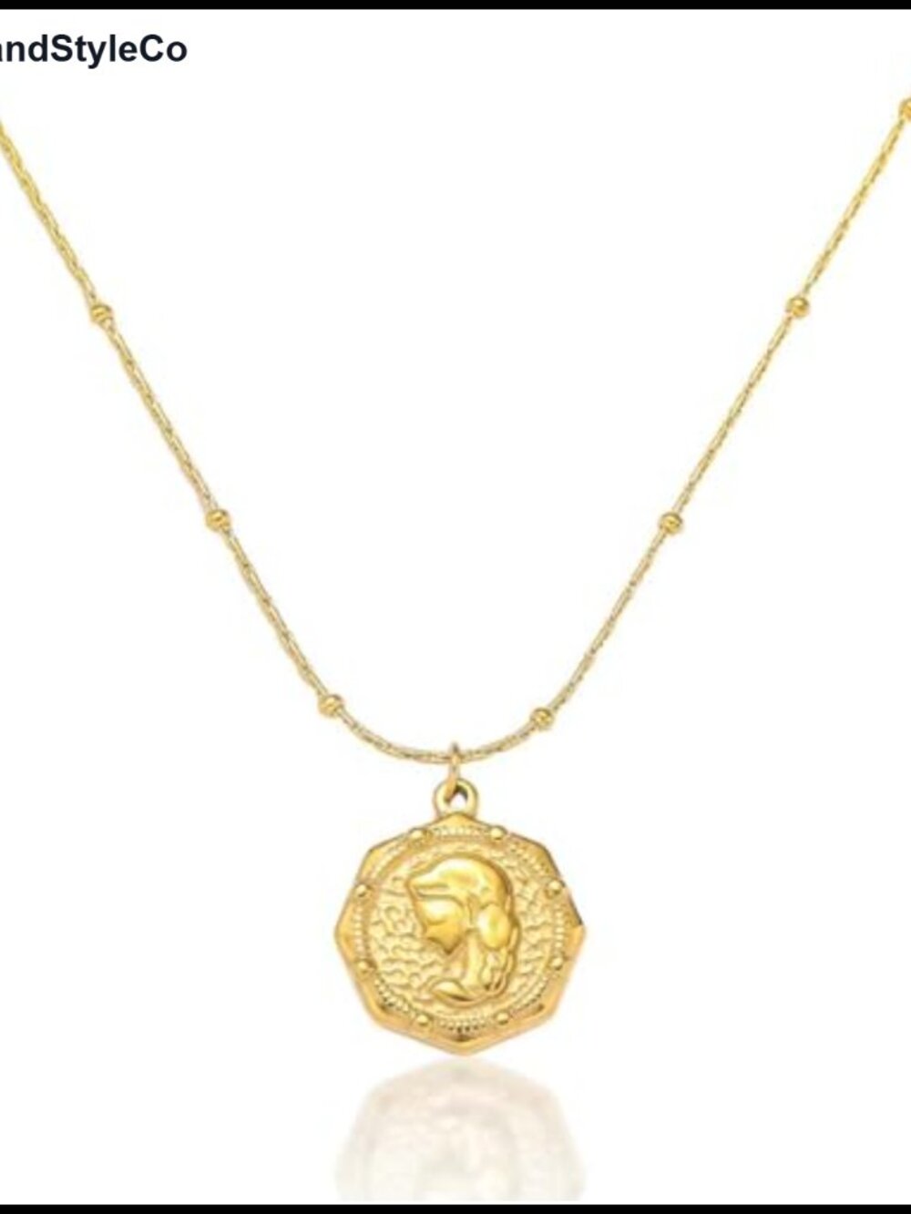 18K Gold Plated Round Medallion Pendant Necklace, Vintage Beaded Chain